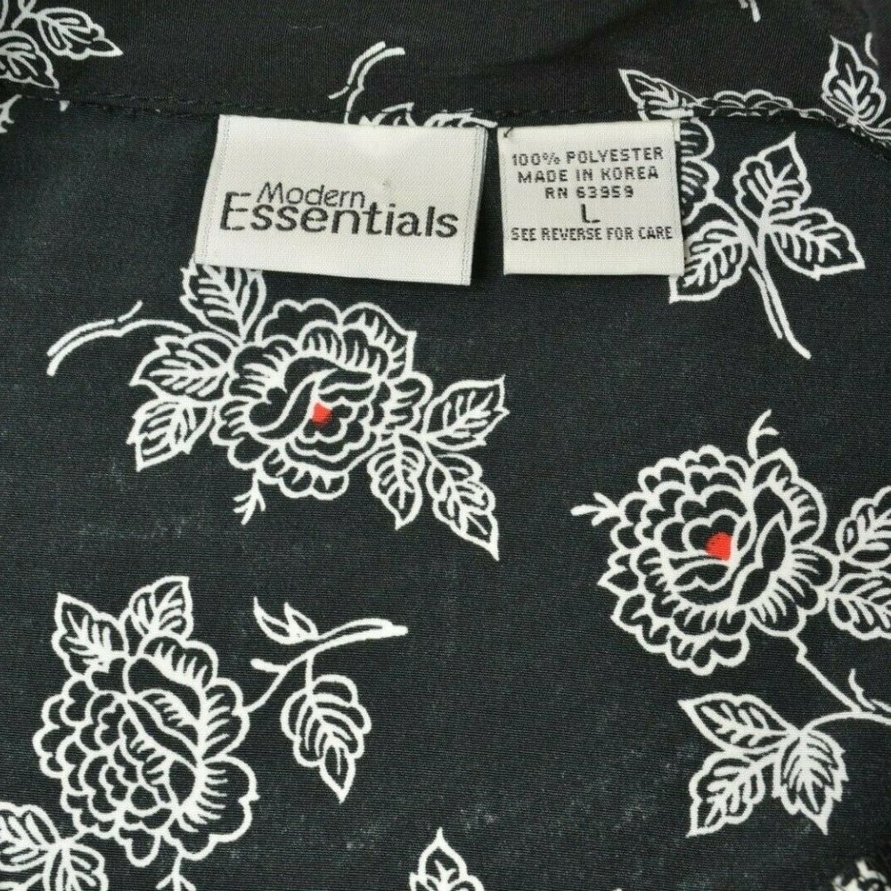 VTG Modern Essentials Sz L Womens BLACK White FLORAL 3/4 Sleeve Button Up BLOUSE - Picture 5 of 9